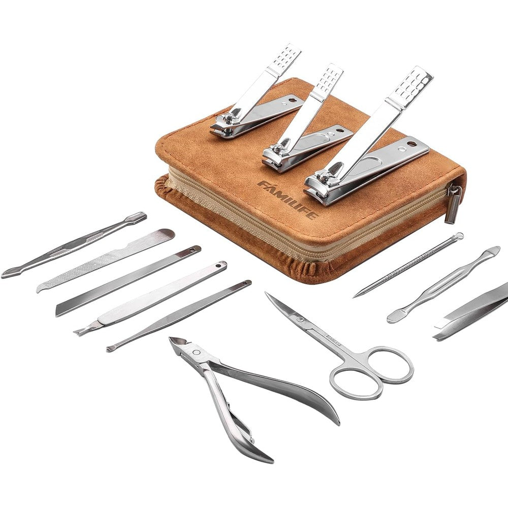 Familife 13 piece stainless steel manicure set in leather case front view