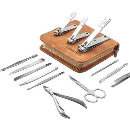 Familife 13 piece stainless steel manicure set in leather case front view