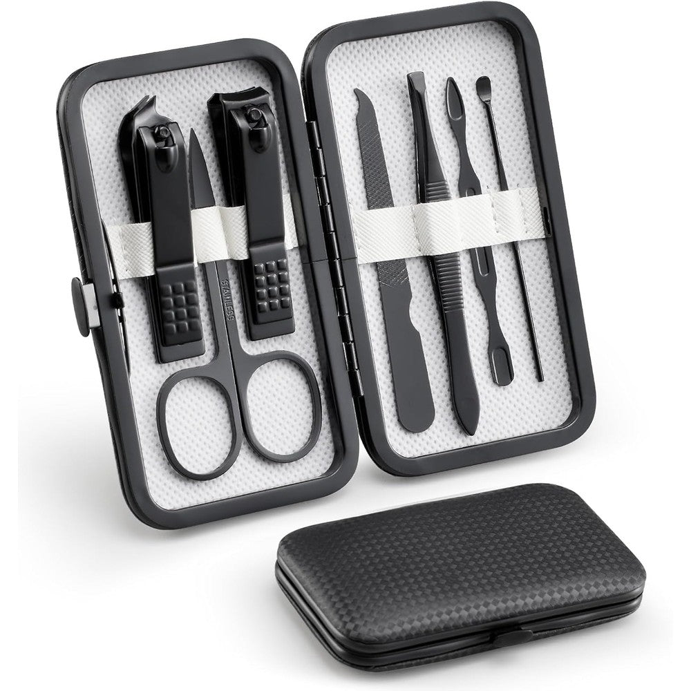 Keli 7 in 1 manicure set in black travel case front view