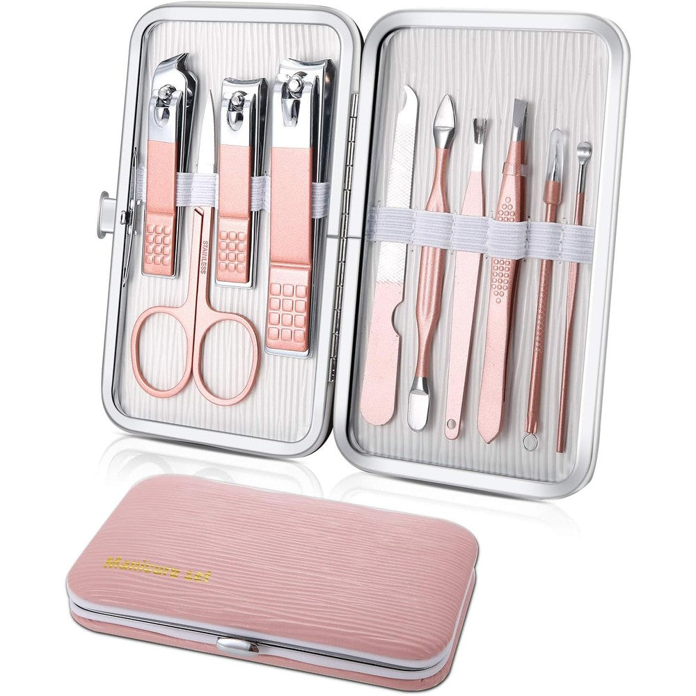 Keiby Citom 10 piece stainless steel manicure set in pink case front view