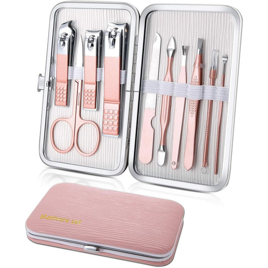 Keiby Citom 10 piece stainless steel manicure set in pink case front view