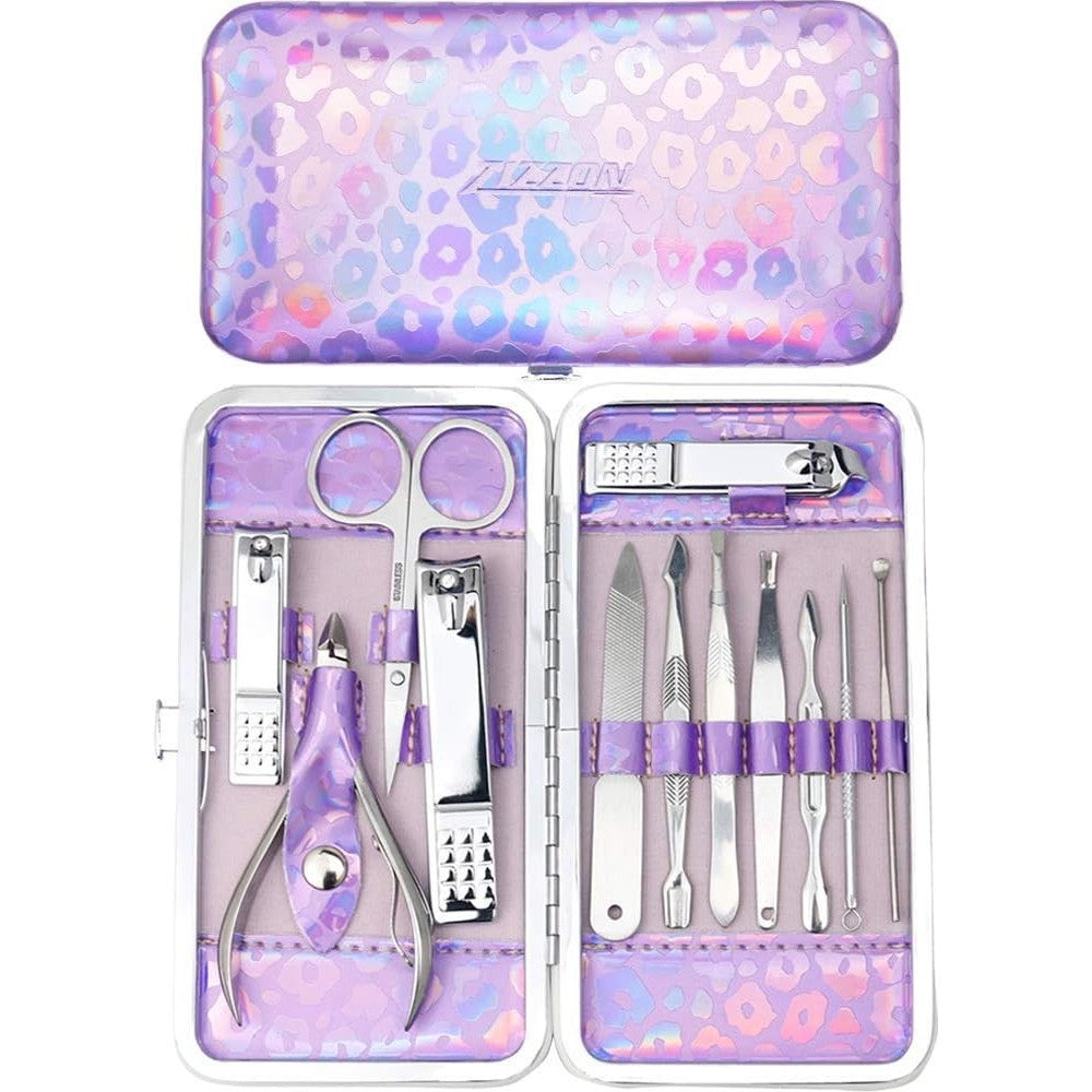 Zizzon 12-piece manicure and pedicure kit in holographic purple case front view