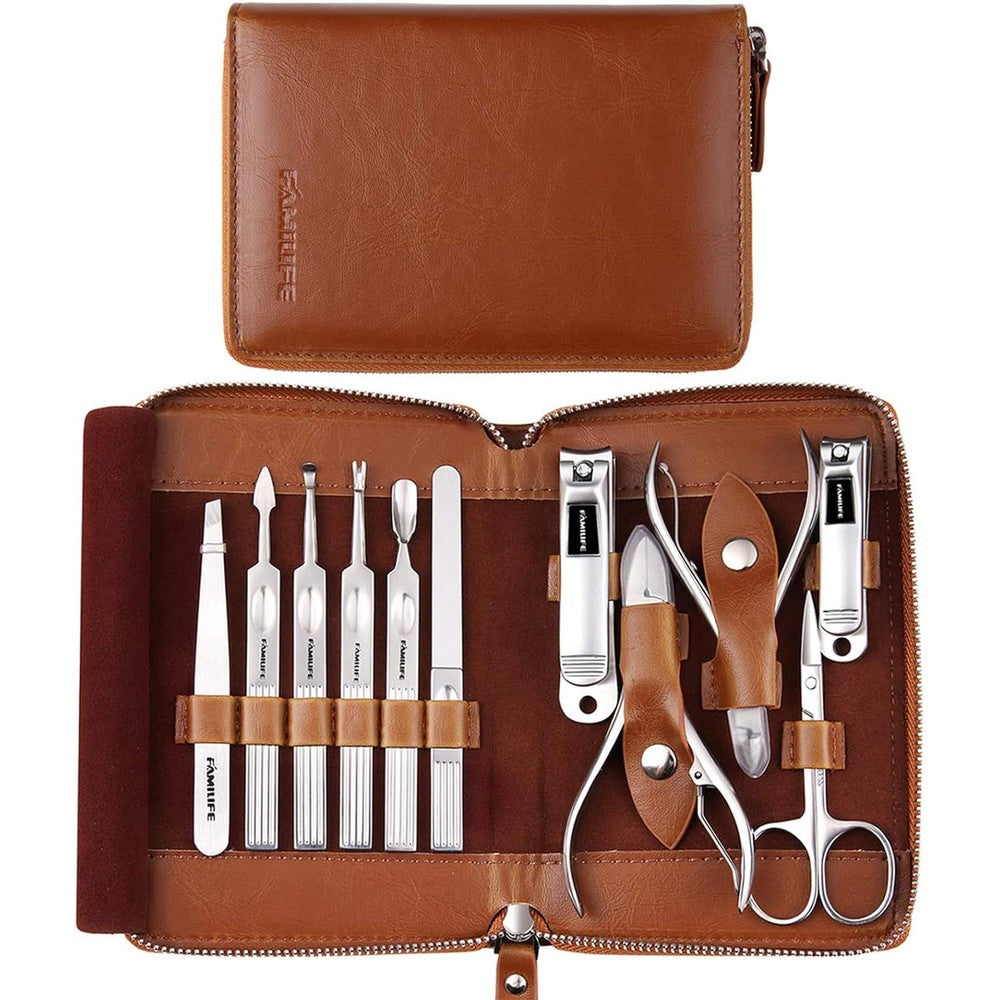 Familife professional 11-in-1 manicure set in brown leather case
