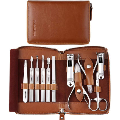 Familife professional 11-in-1 manicure set in brown leather case