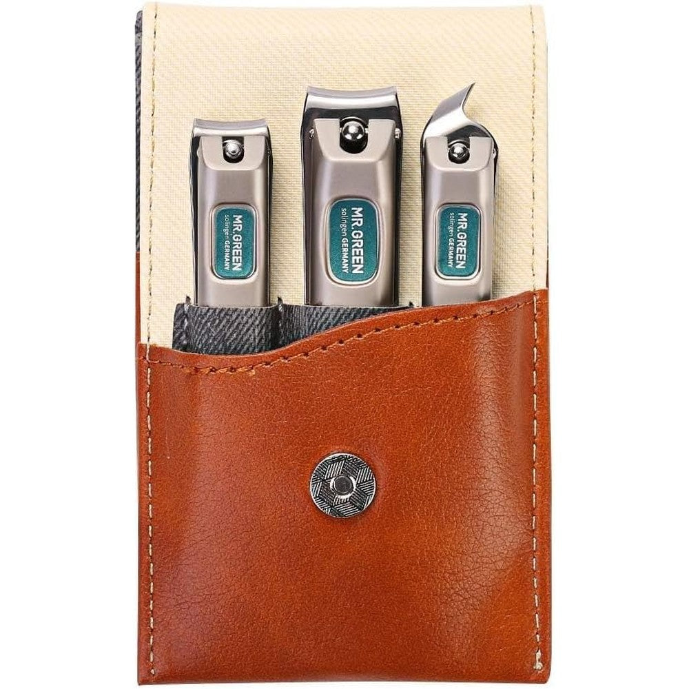 Mr. Green 3 piece nail clipper set in leather case front view