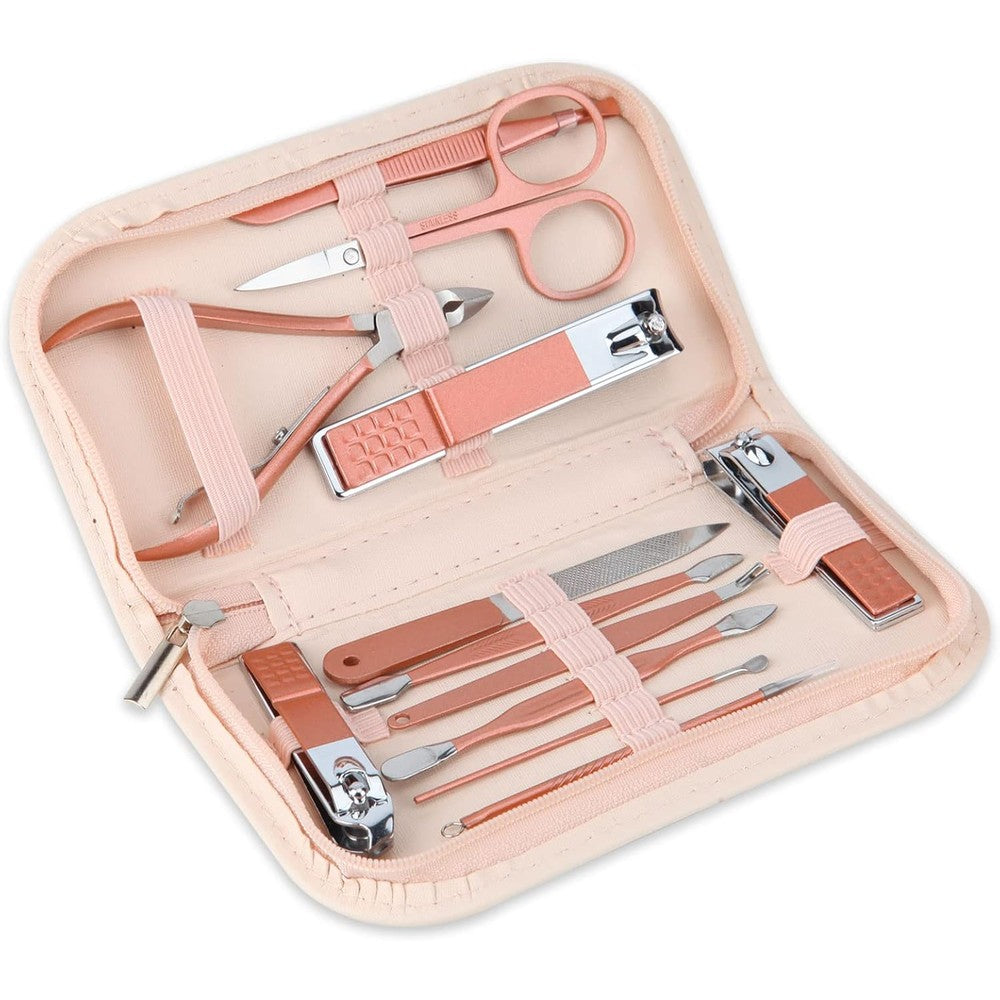 Benleeduo 12 in 1 manicure set in pink leather case front view