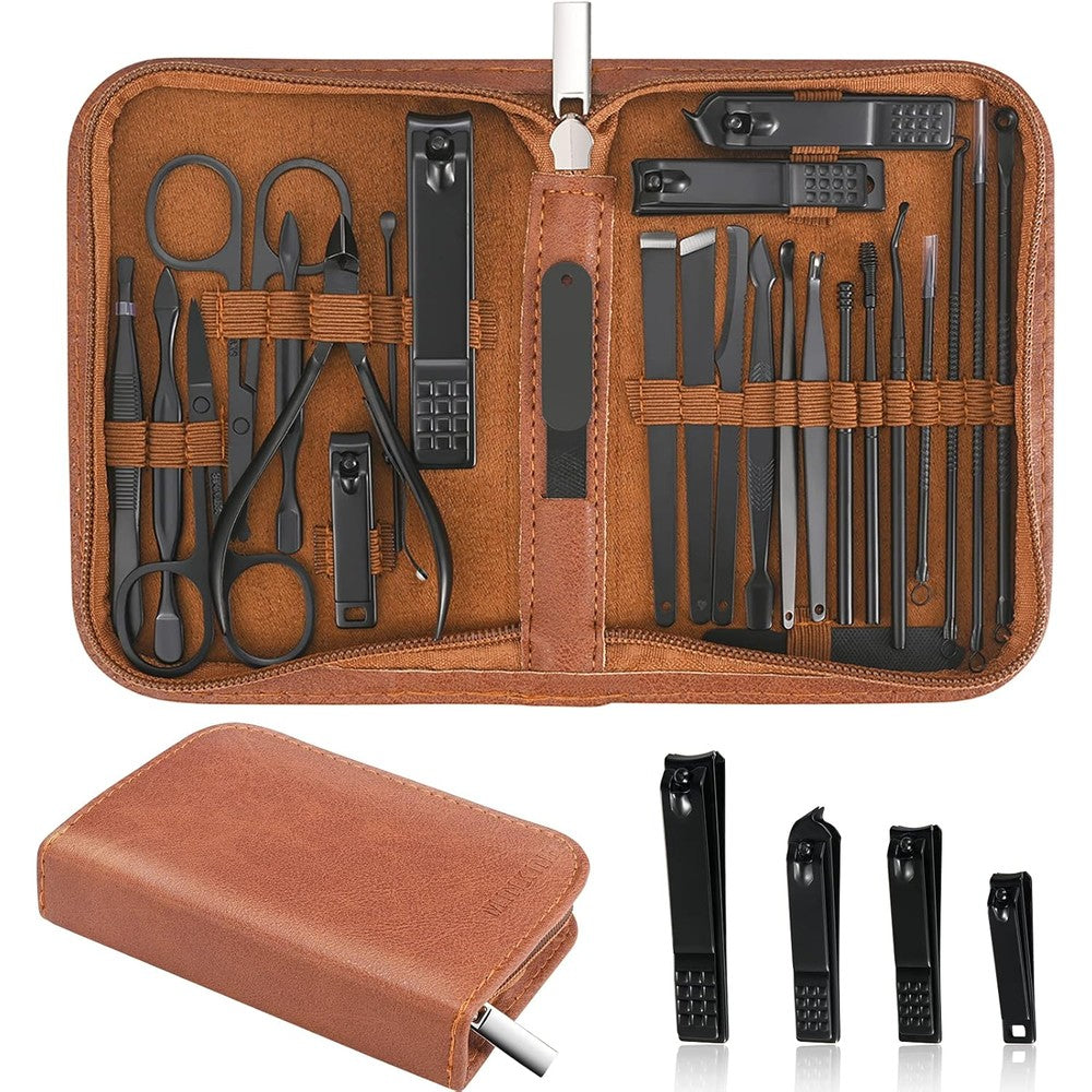 Minkinh 26-Piece Professional Manicure Kit front view with brown leather case