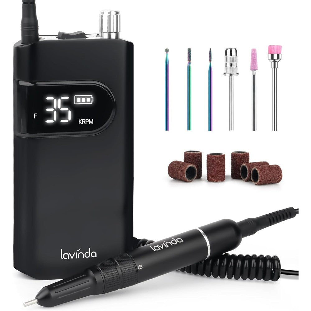 Lavinda 35000RPM electric nail drill professional cordless efile black front view showing digital display