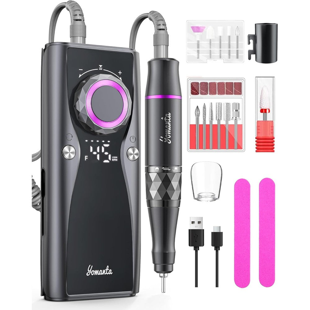 Yomanta Professional Electric Nail Drill Kit front view showing matte black controller and digital LCD screen panel