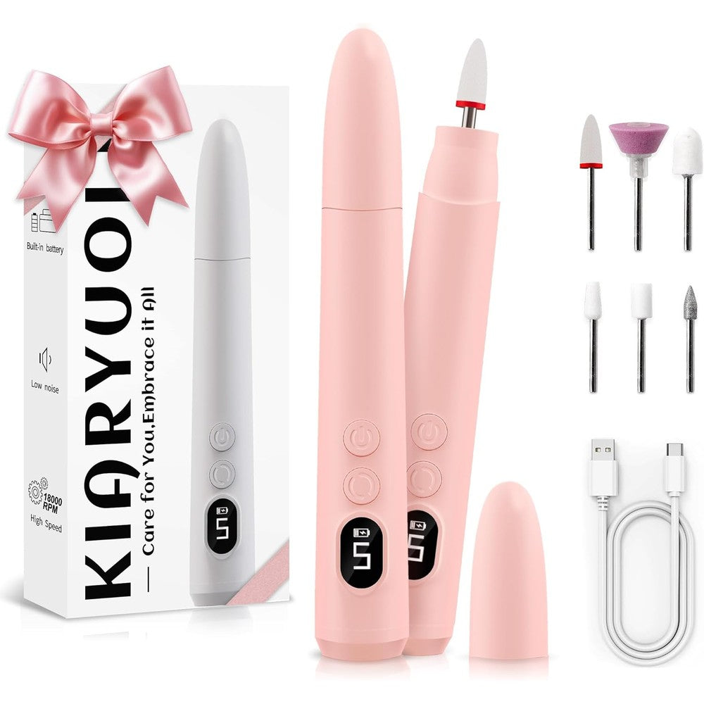 Kiaryuoll cordless electric nail drill kit in pink showing the main device front view