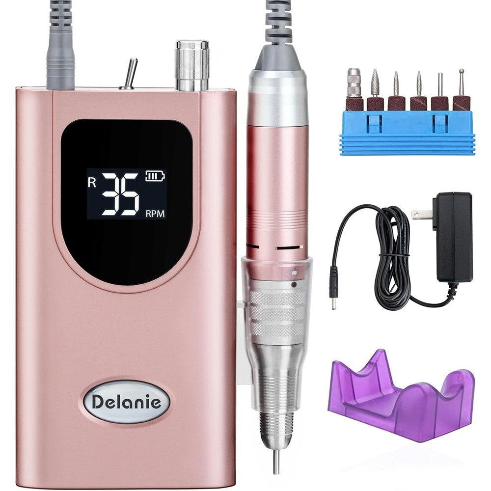 Delanie Professional Nail Drill rose gold control box and handpiece front view for salon manicure