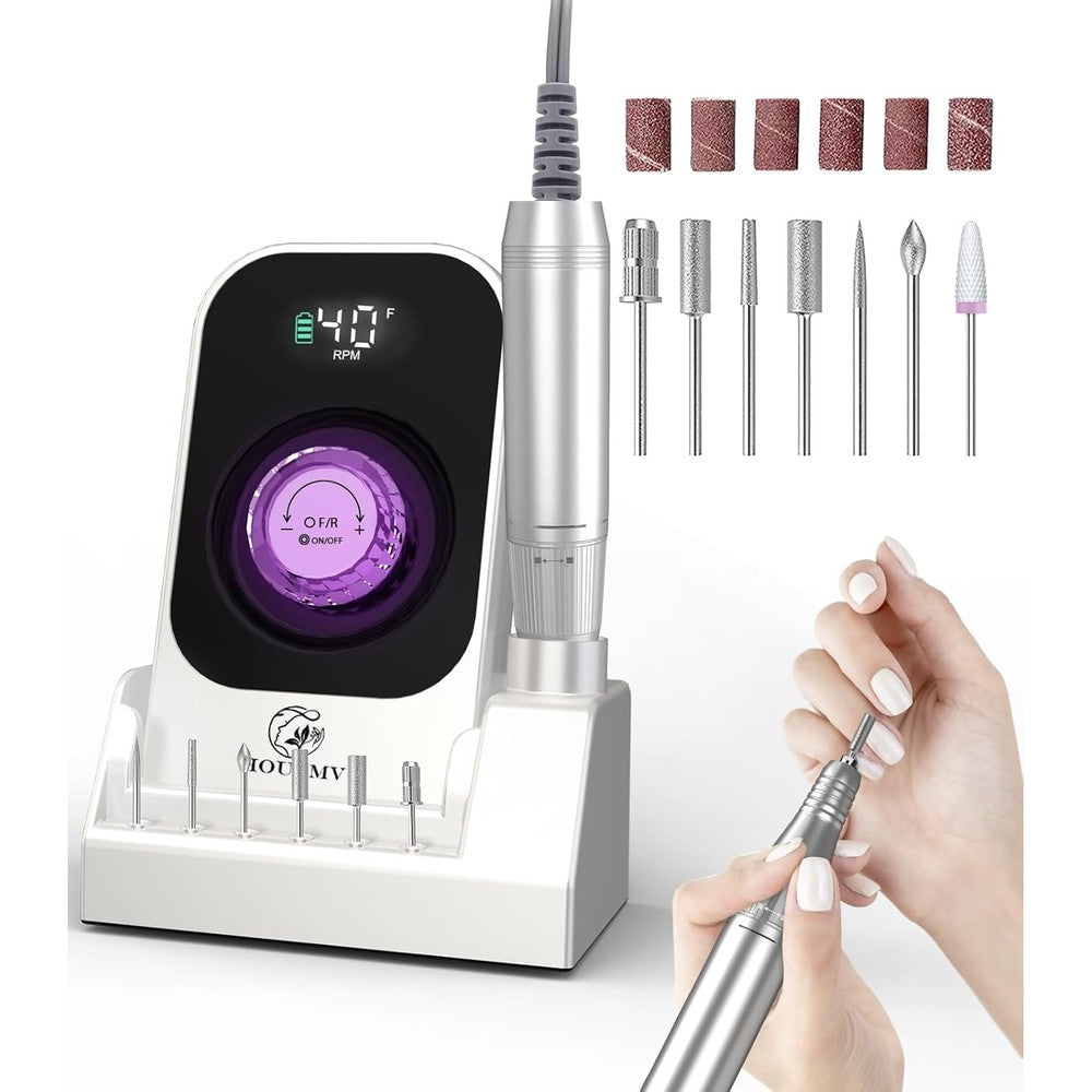 HOUSMV portable electric nail drill machine front view showing digital speed display screen