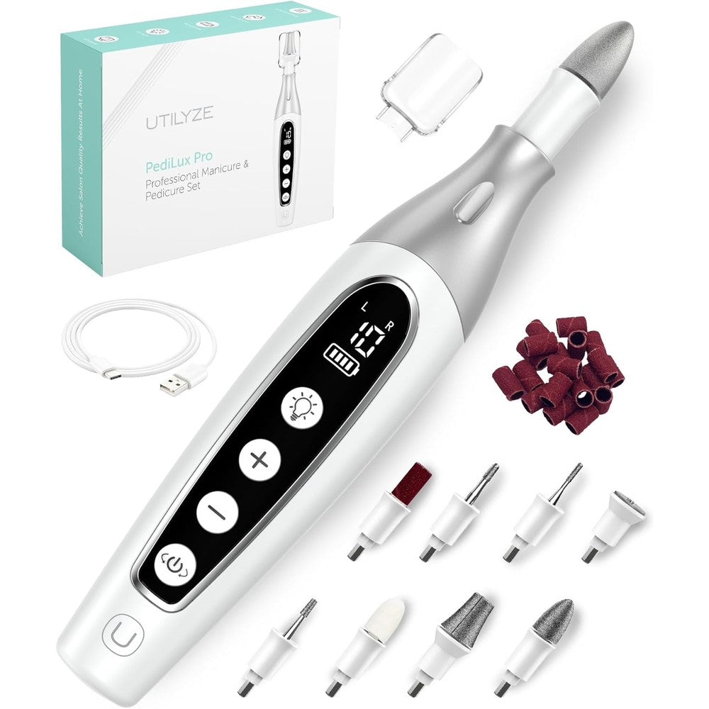 UTILYZE PediLux Pro professional manicure pedicure kit front view showing cordless device and liquid crystal display screen.
