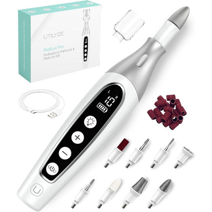 UTILYZE PediLux Pro professional manicure pedicure kit front view showing cordless device and liquid crystal display screen.