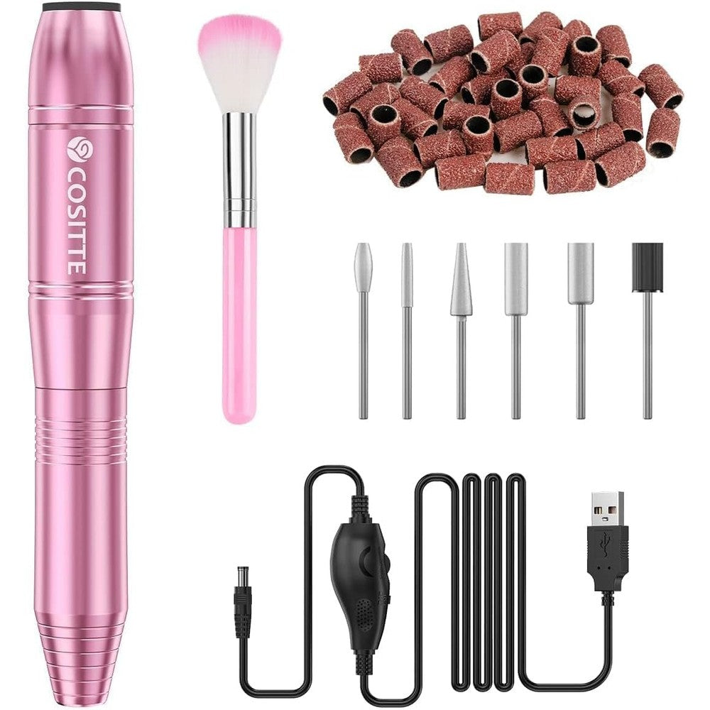 COSITTE Electric Nail Drill Machine Kit for Acrylic Nails, Portable Professional Efile Nail File Polishing Tool for Manicure and Pedicure, Pink
