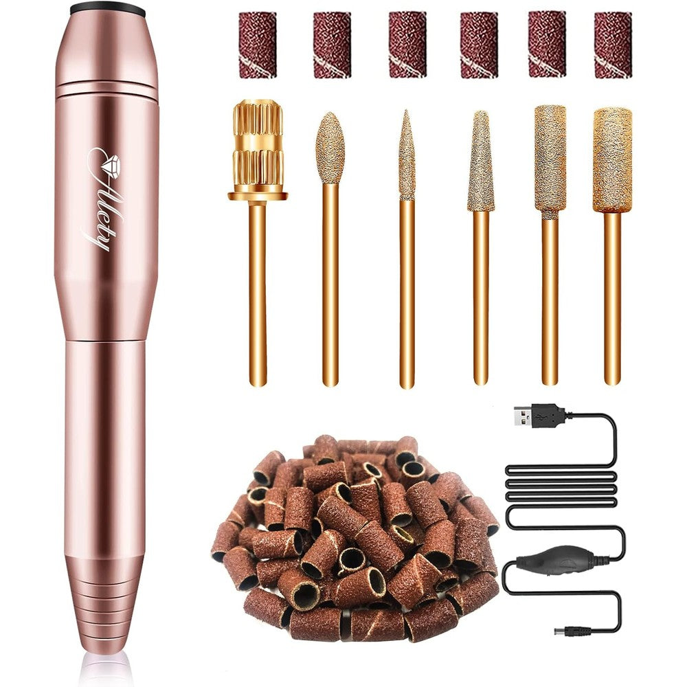Alety Electric Nail Drill Kit front view showing the sleek rose gold metal portable efile handle
