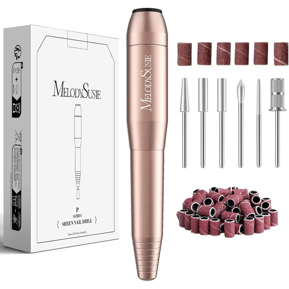 MelodySusie portable electric nail drill PC120I rose gold front view with USB cable