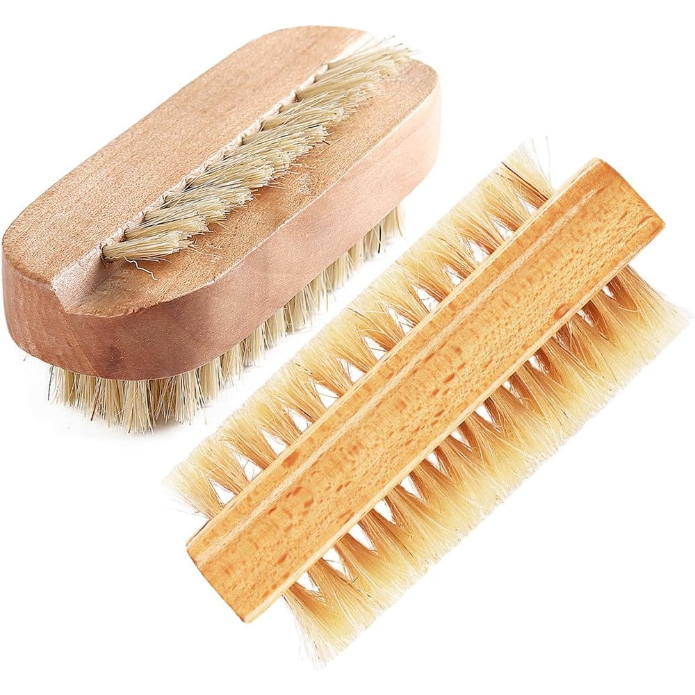 Fcozpjk bamboo nail brush front view showcasing the natural wood grain and dual-sided bristles