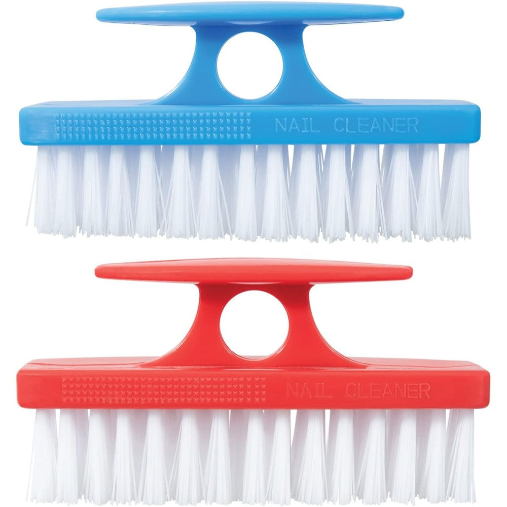 Superio Nail Brush front view showing blue and red plastic hand scrubbers with stiff white bristles