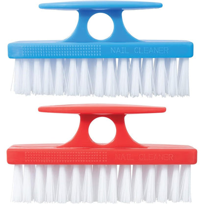 Superio Nail Brush front view showing blue and red plastic hand scrubbers with stiff white bristles