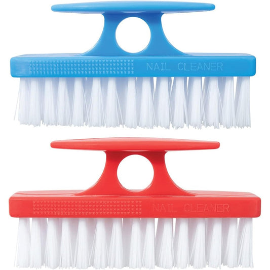 Superio Nail Brush front view showing blue and red plastic hand scrubbers with stiff white bristles