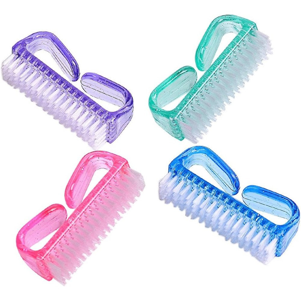 Hupos handle grip nail brush 4 pack front view showing purple green pink and blue cleaning tools.