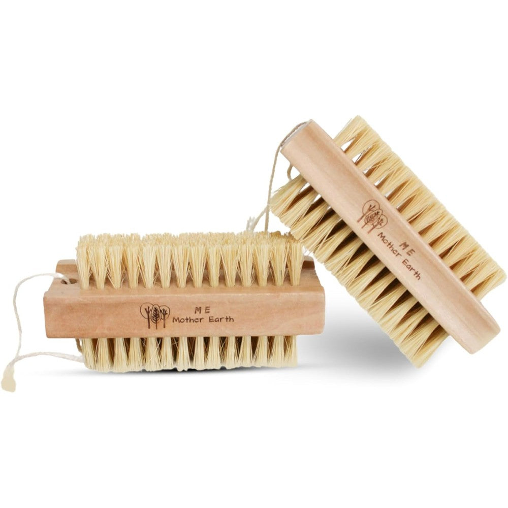 ME MOTHER EARTH Bamboo Nail Brush 2 Pack front view showing natural wood handle and cream sisal bristles