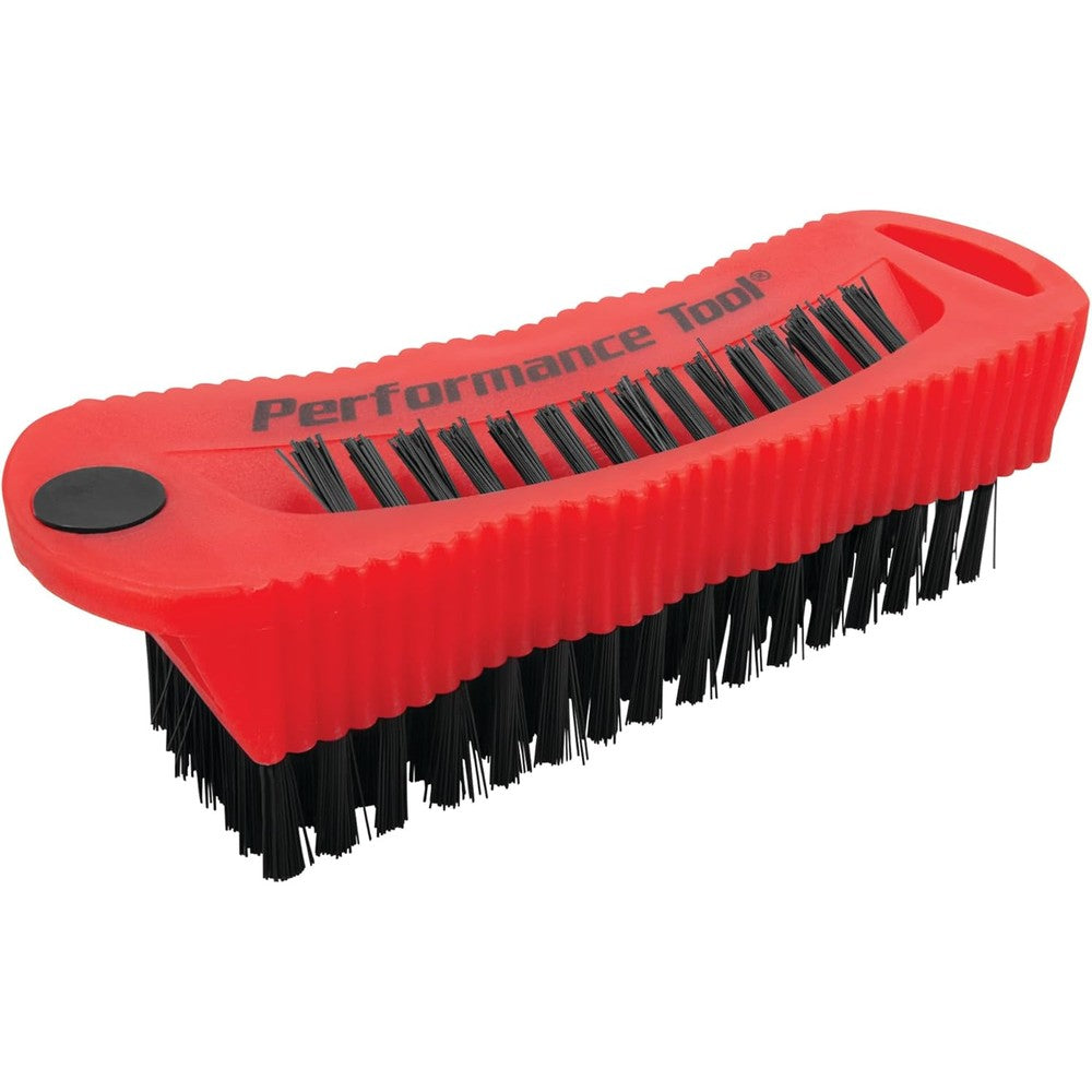 Performance Tool W9163 utility and fingernail brush front view showing red handle and black bristles.