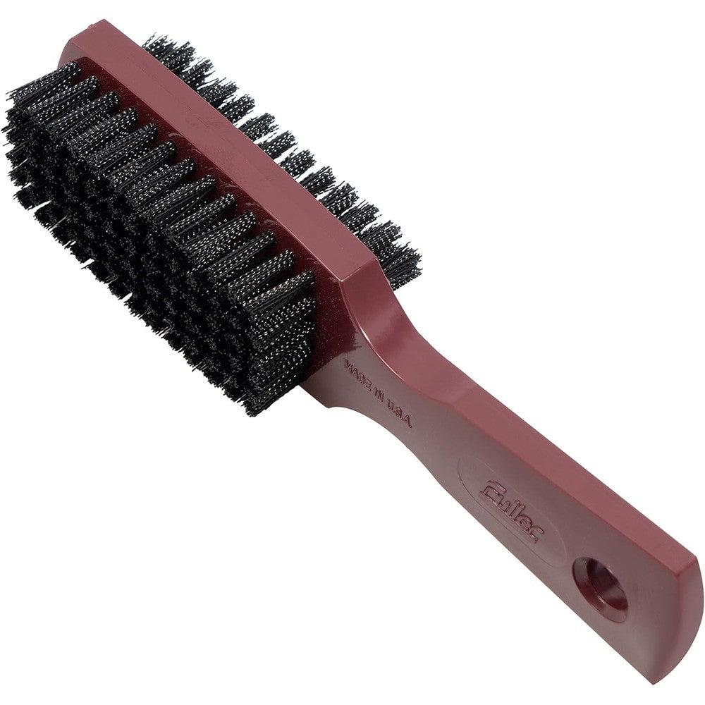 Fuller Brush Hand And Nail Brush front view showing double sided black nylon bristles and mulberry plastic handle.