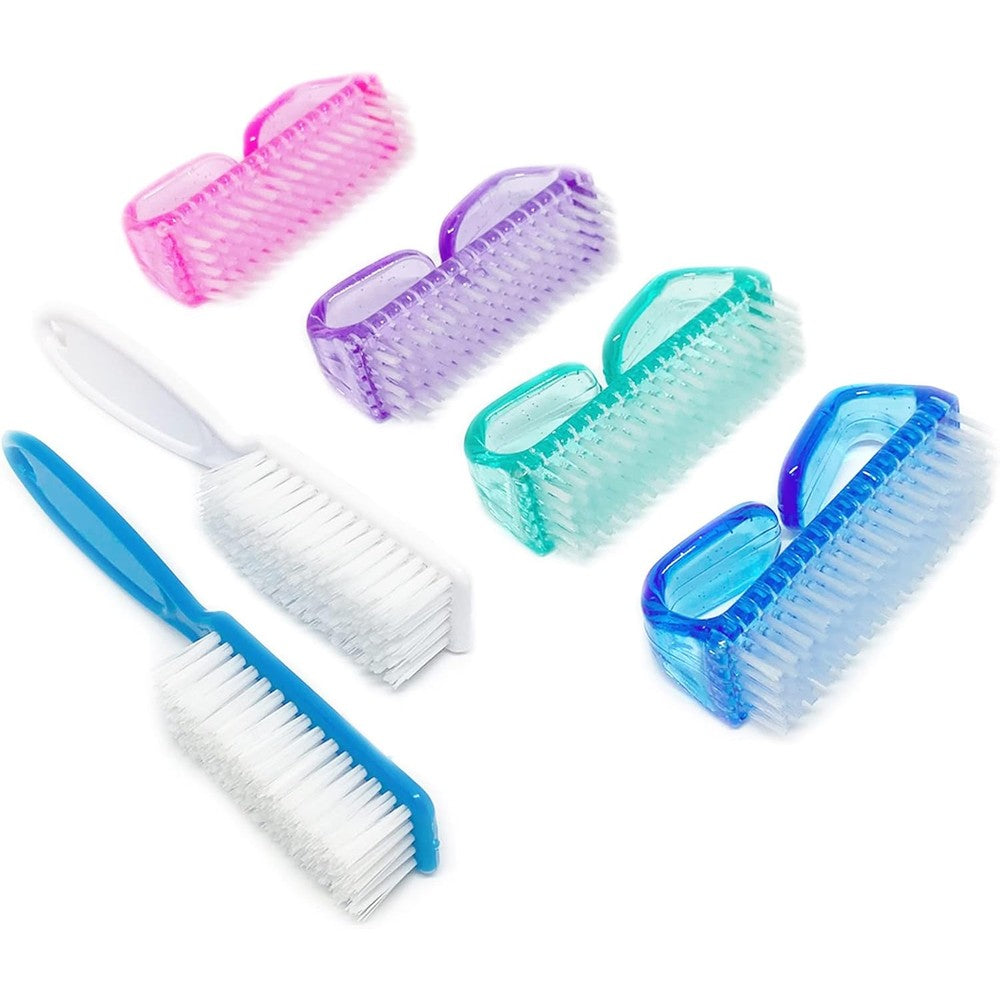Qeedy handle grip nail cleaning brush kit front view with four multicolor brushes and one turquoise foot file