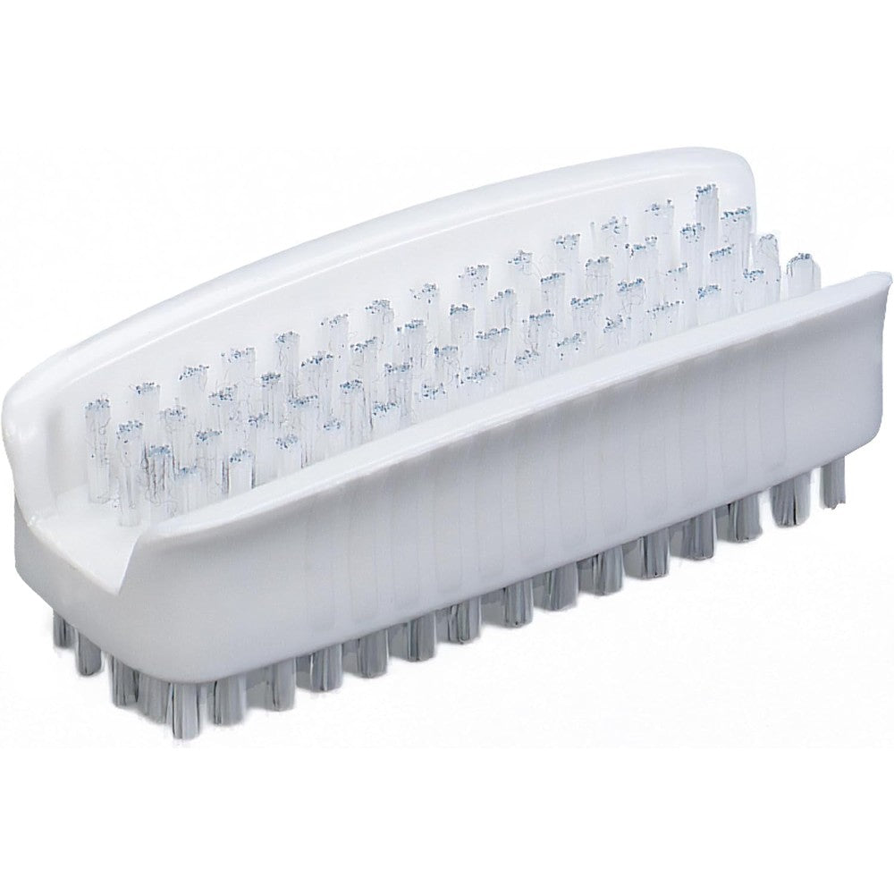 Carlisle Sparta dual sided hand and nail brush front view showing white plastic block and stiff polypropylene bristles.