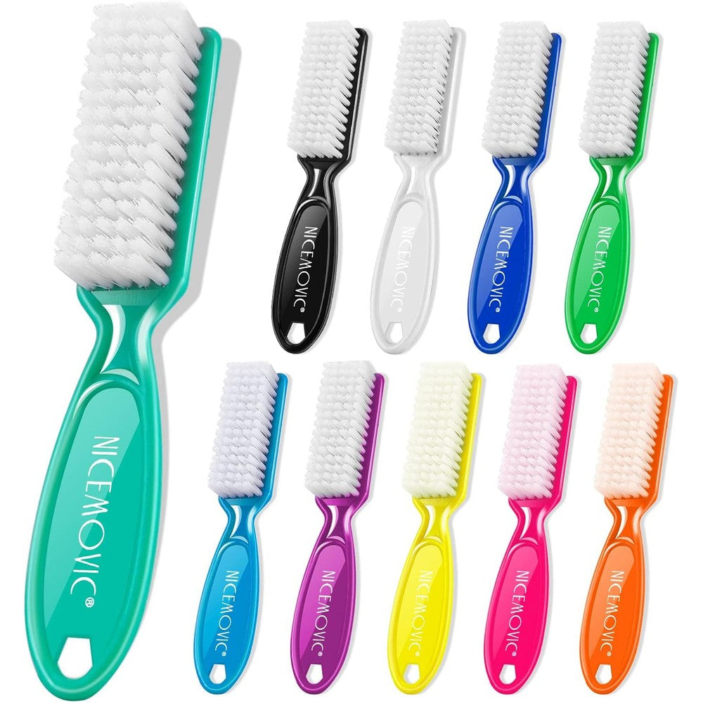 NICEMOVIC handle grip nail brush front view of multi-colored manicure brushes.