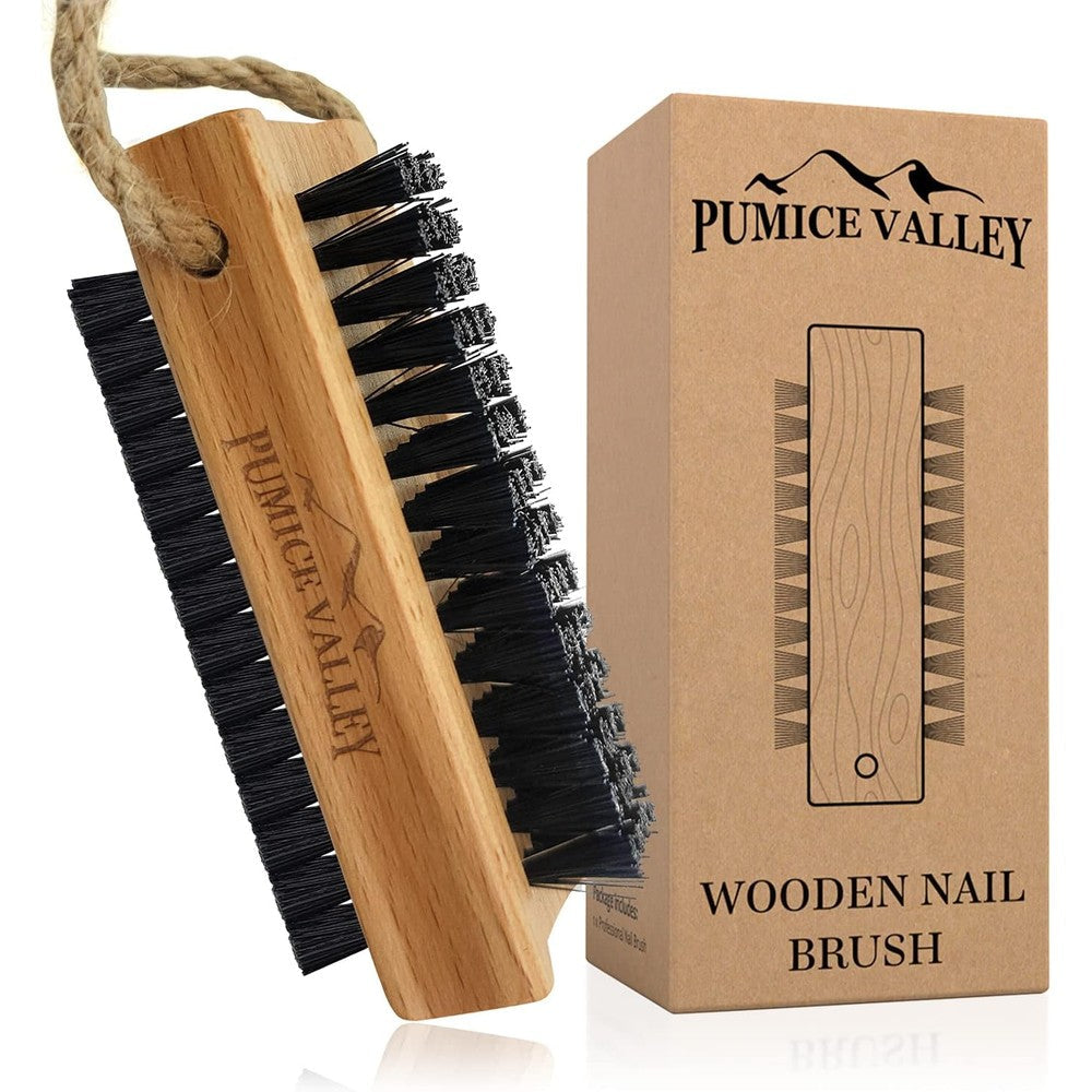 Pumice Valley wooden nail brush front view with charcoal bristles