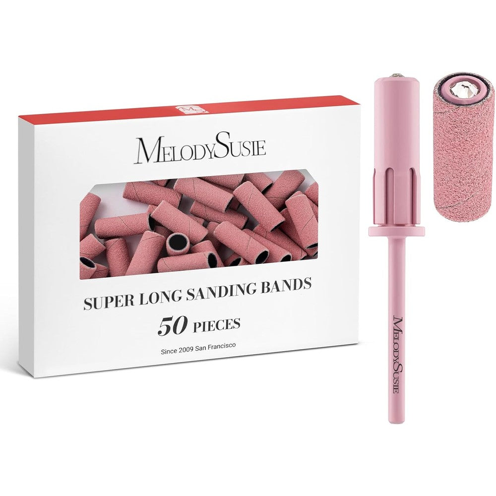 MelodySusie 50 Pieces Super Long Sanding Bands package front view with pink crystal mandrel bit.