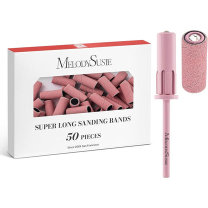 MelodySusie 50 Pieces Super Long Sanding Bands package front view with pink crystal mandrel bit.