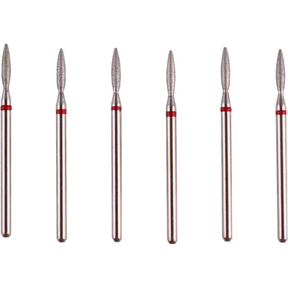 MZCMSL Flame Cuticle Drill Bit Set front view showing six professional diamond nail bits inside a clear storage case.