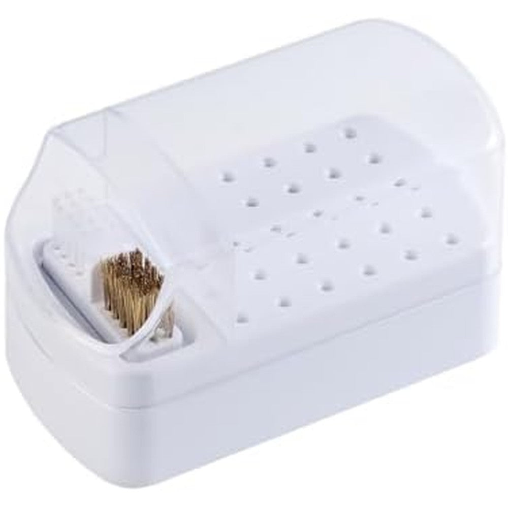 Fcozpjk 2 in 1 nail drill bit holder white front view showing thirty slots and dual cleaning brushes
