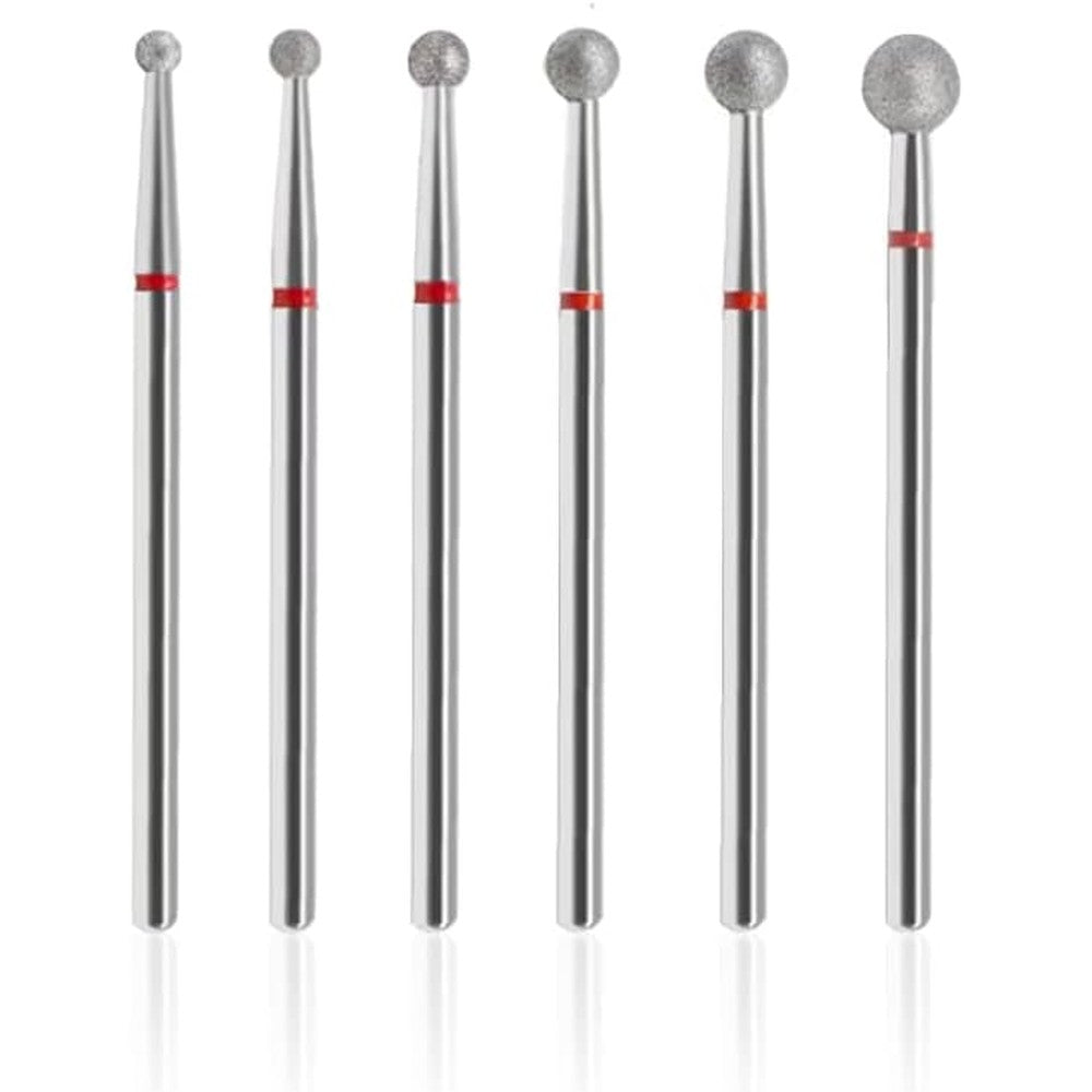 SQULIGT 6 Piece Ball Head Cuticle Clean Nail Drill Bits front view arrangement showing all six sizes.