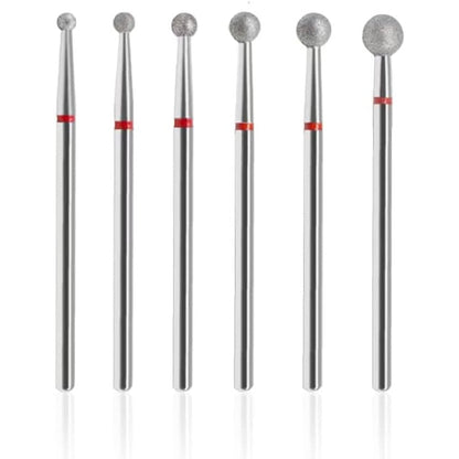 SQULIGT 6 Piece Ball Head Cuticle Clean Nail Drill Bits front view arrangement showing all six sizes.