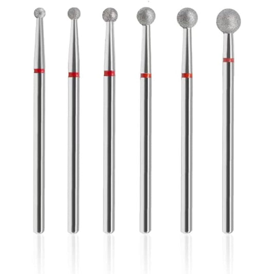 SQULIGT 6 Piece Ball Head Cuticle Clean Nail Drill Bits front view arrangement showing all six sizes.
