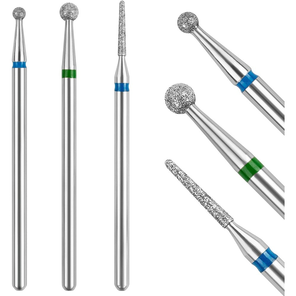 Difenni diamond cuticle drill bits three count set front view showing different shapes