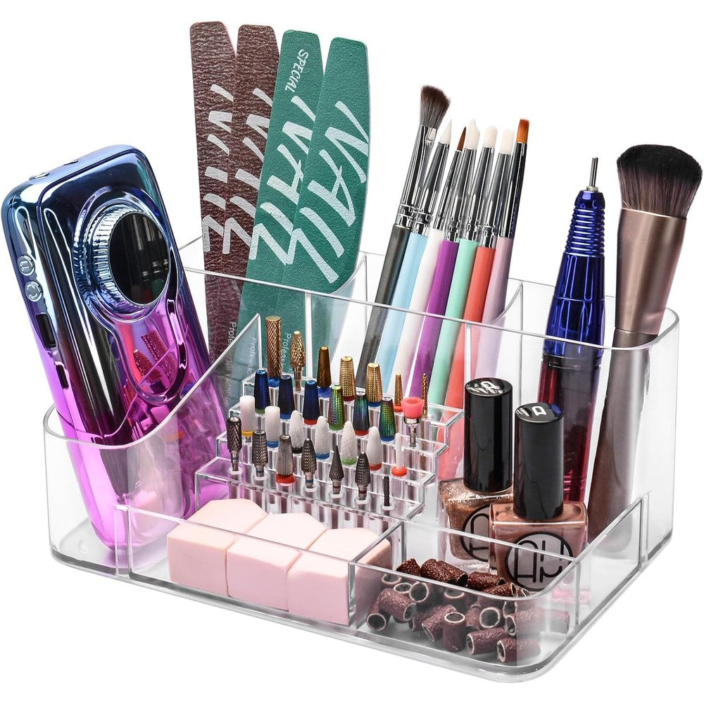 CGBE Nail Drill Bits Holder Stand front view showing 28 holes and clear acrylic compartments for manicure tool storage.