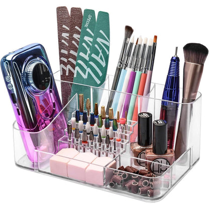 CGBE Nail Drill Bits Holder Stand front view showing 28 holes and clear acrylic compartments for manicure tool storage.