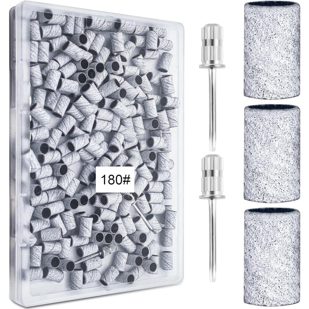 BLESWIN 200 Pieces 180 Grit Zebra Nails Sanding Band Set front view showcasing the transparent storage box and fine grit texture.