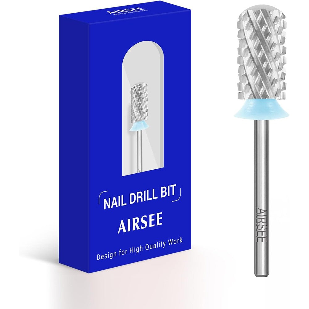 AIRSEE Tungsten Carbide Acrylic Nail Drill Bit front view showing the four X coarse cutting teeth and silver safety round top.