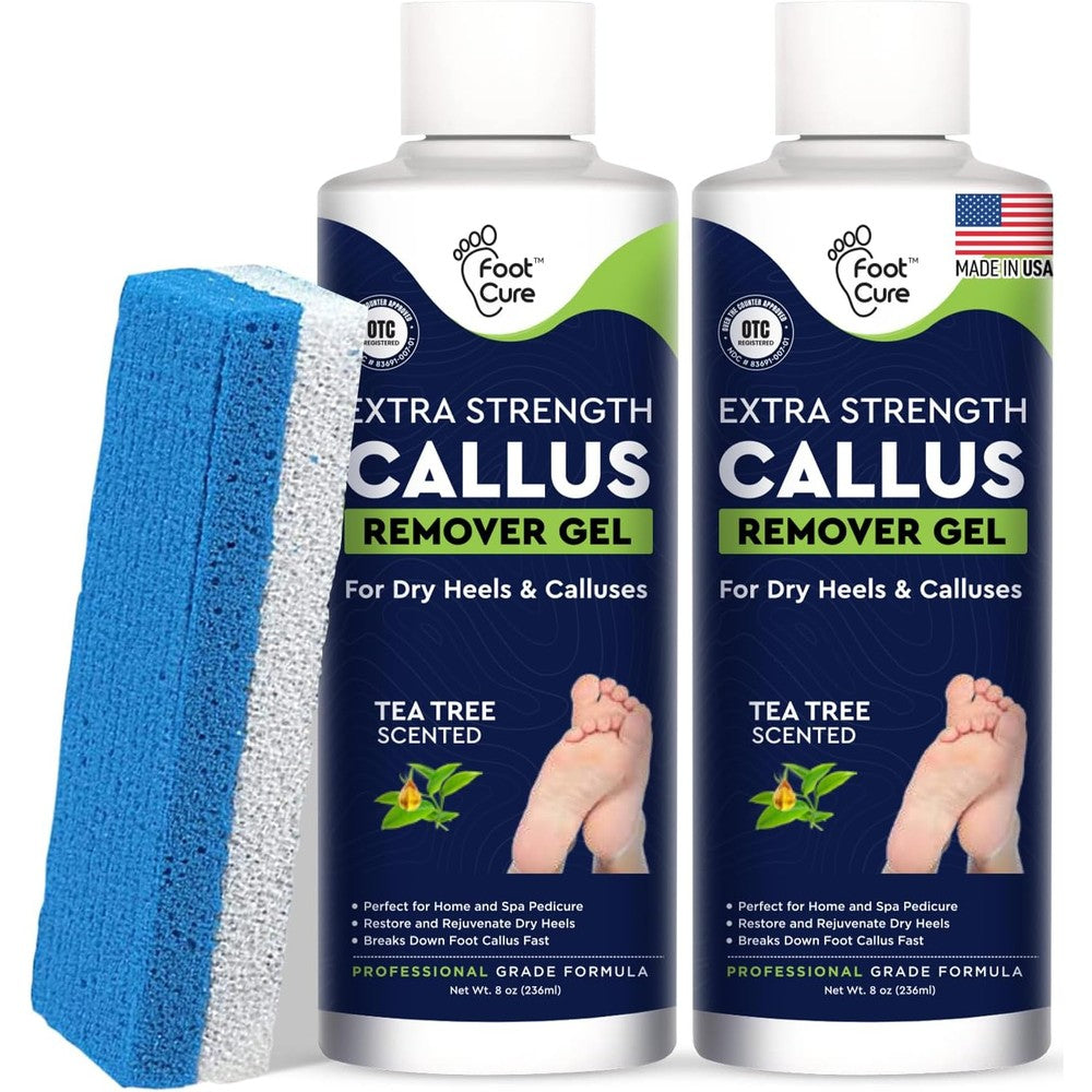 Foot Cure callus remover gel bottle and pumice stone set front view