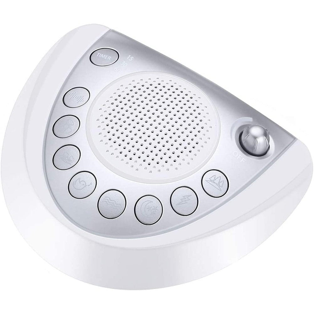 Raynic White Noise Machine front view showing silver design and controls