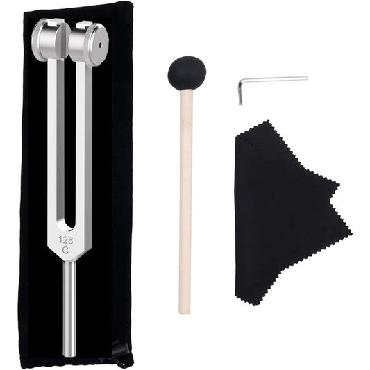 CBCJIEHUXL 128 Hz weighted tuning fork front view with mallet on clean background