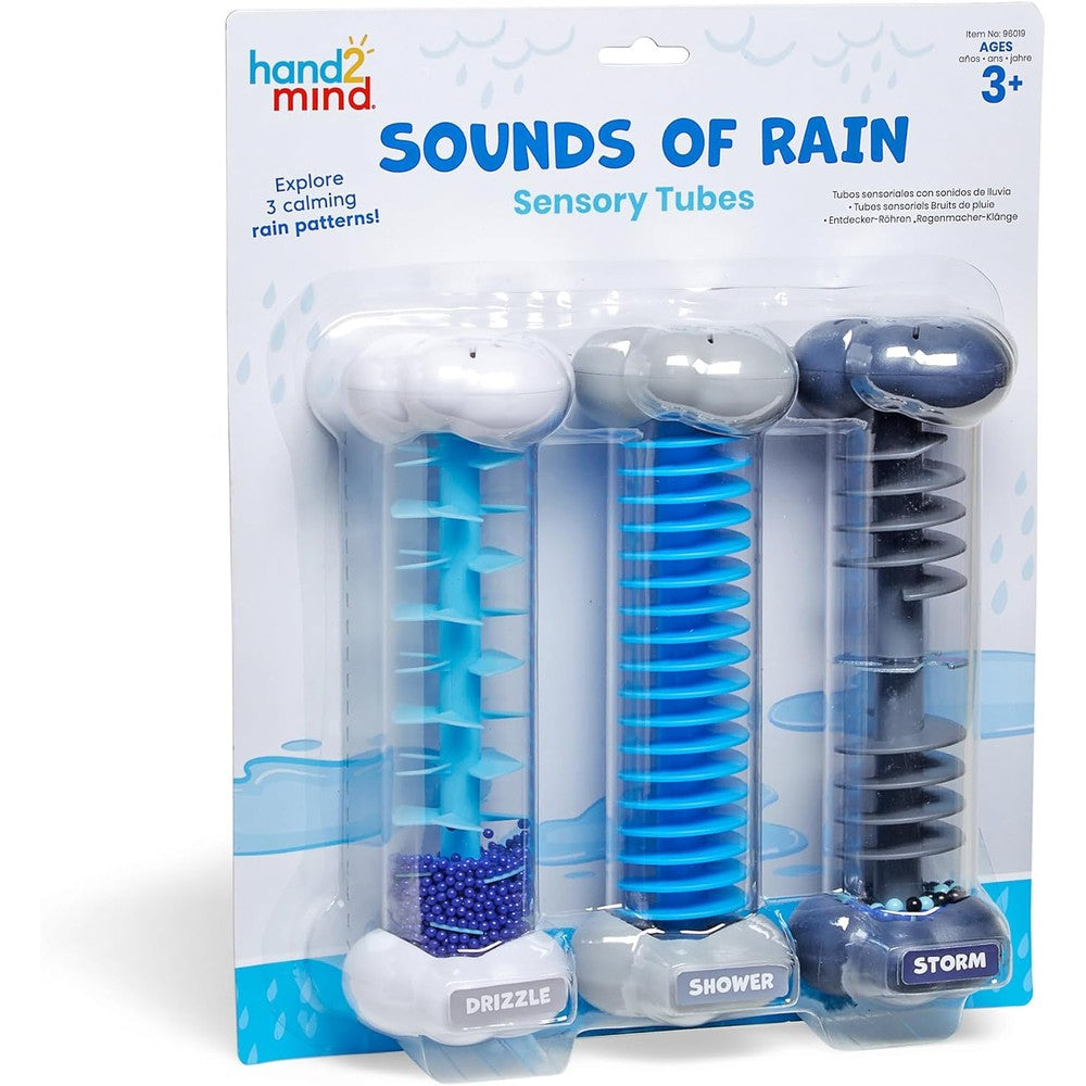 Learning Resources Hand2Mind Sounds of Rain Sensory Tubes front view showing three distinct weather pattern sticks