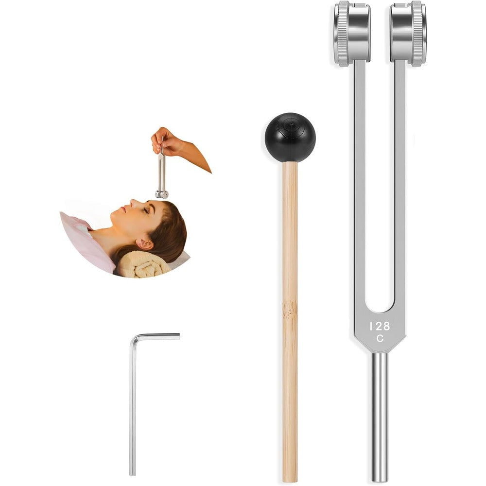 HWIUS 128Hz tuning fork with reflex hammer front view for sound healing
